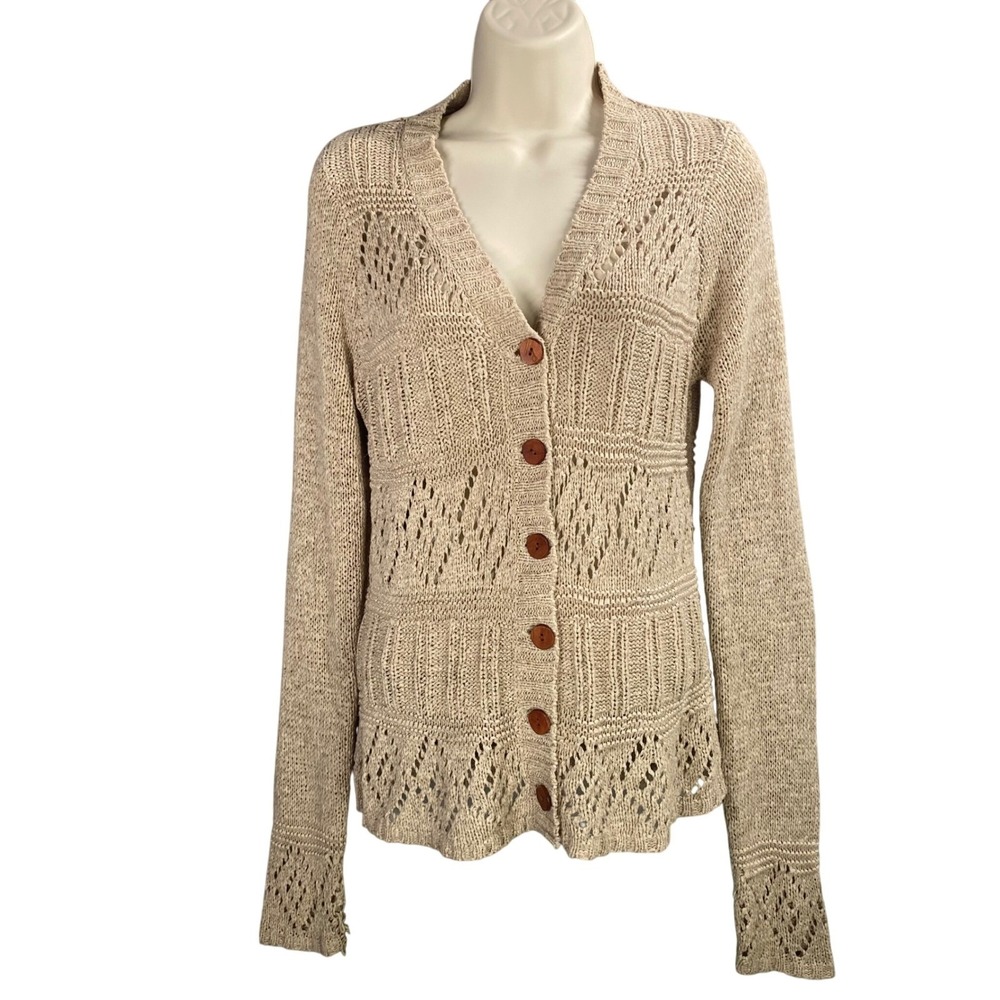 BCBGMAXAZRIA Cardigan Sweater Medium Crochet‎ Pointelle Knit Shabby Chic Earthy